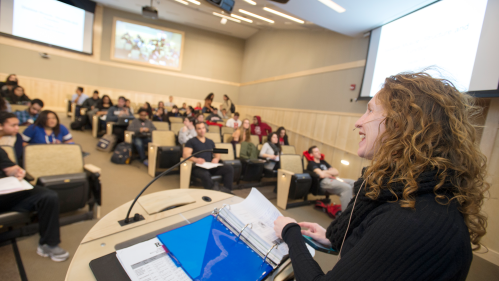 professor giving a lecture to a large class
