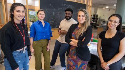 Jaclyn Eisdorfer, postdoctoral fellow, Hannah Nacht, undergraduate research fellow, Olisemeka Oputa (SAS ’21), Victoria Abraira, Assistant Professor of Cell Biology and Neuroscience, Melissa Gonzalez (SOE ’22), BME masters student in the W. M. Keck Center for Collaborative Neuroscience