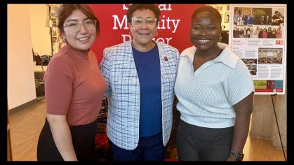 Rutgers-Newark Chancellor Tonya Smith-Jackson (center) with Earth & Environmental Science graduate students Katherine Rodriguez (left) and Suah Yekeh (right)