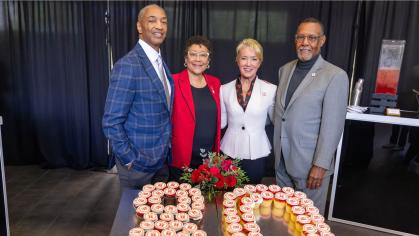 University President William F. Tate IV, Rutgers University–Newark Chancellor Tonya Smith-Jackson, Rutgers University Board of Governors Chair Amy L. Towers, and Rutgers University–Newark alumnus Richard Roper