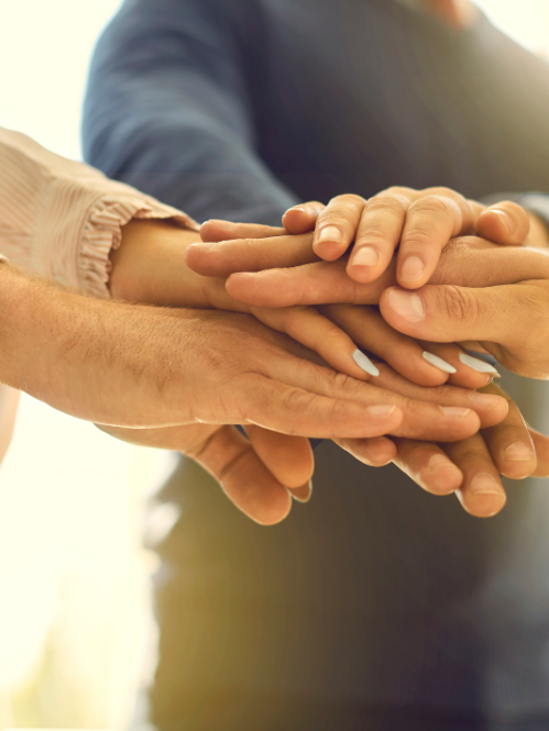 A group of people with their hands on top of one another in an act of support