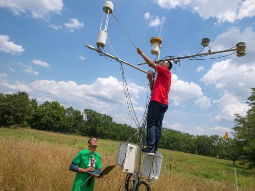 man wiring a pole 