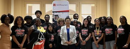 Rutgers-Newark Chancellor Tonya Smith-Jackson with students and staff from the College and Career Institute, a Dual Enrollment program.