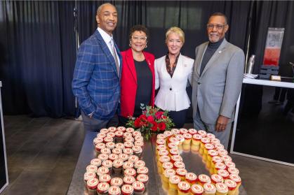 University President William F. Tate IV, Rutgers University–Newark Chancellor Tonya Smith-Jackson, Rutgers University Board of Governors Chair Amy L. Towers, and Rutgers University–Newark alumnus Richard Roper